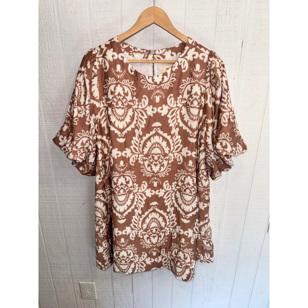 Umgee Damask Print Tunic Dress Women Terracotta Puff Sleeve Boho XL NWT